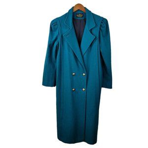 Vintage Long Coat size 6/8 Wool Trench Coat Winter duster Teal Double Breasted